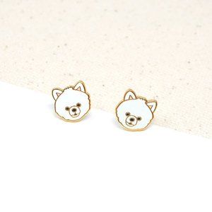 Handcrafted White Pomeranian Enamel Stud Earrings